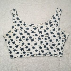 90s Vintage Simply Basic White Eyelet Blue Floral Print Crop Tank Top L